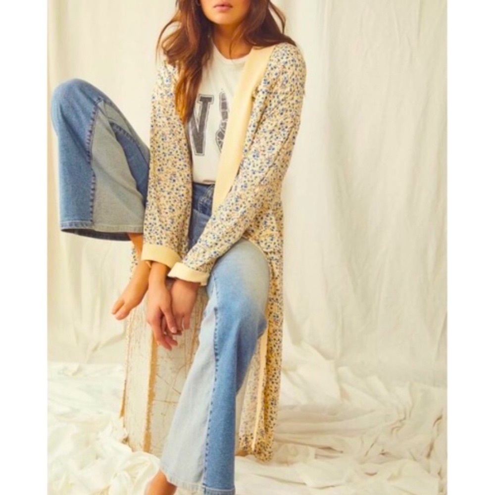 New Free People Wild Nights XS Yellow Floral Relaxed Open Duster Kimono Jacket - Picture 2 of 4